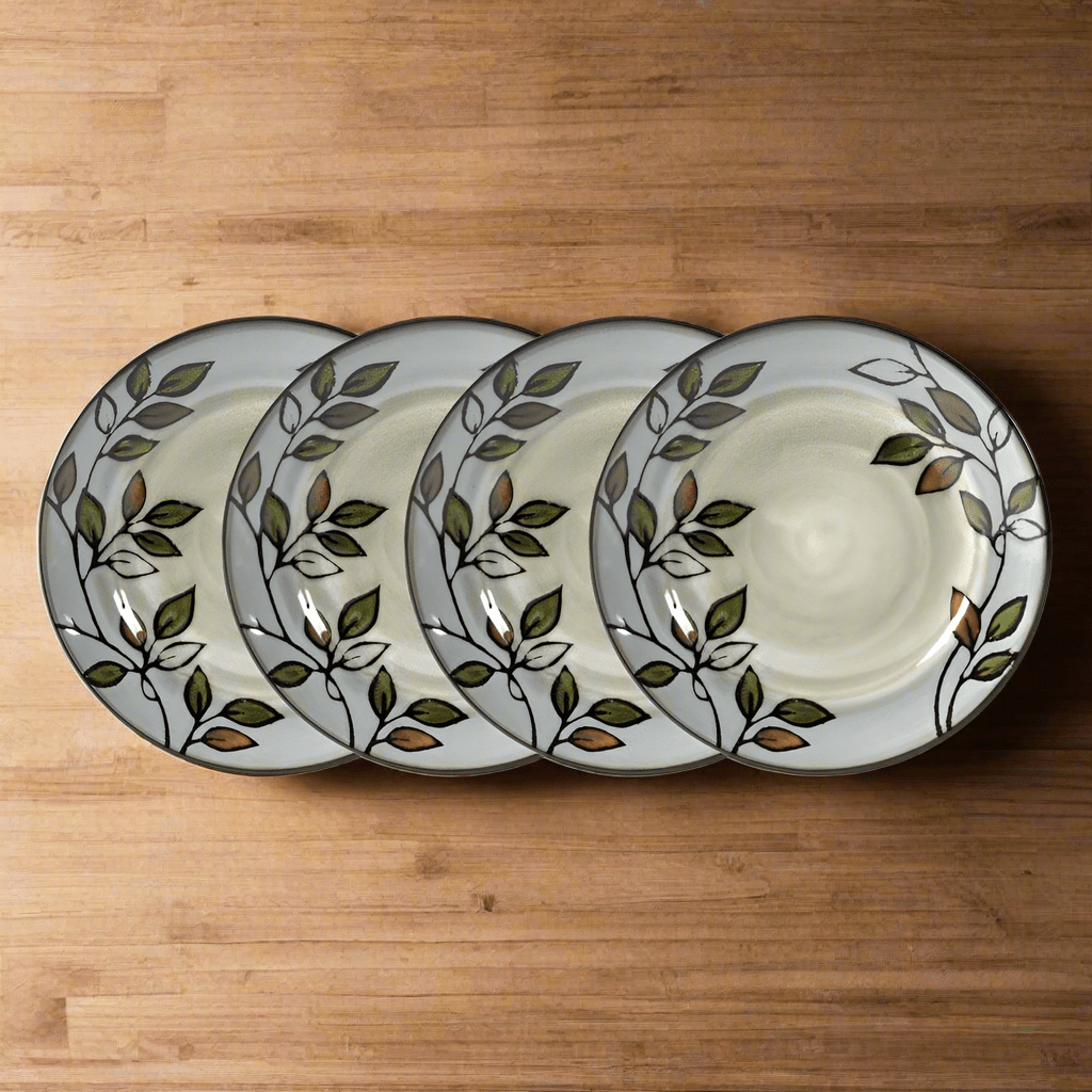Rustic leaves salad plate showcasing the unique glaze and leaf patterns, perfect for serving salads and sides.