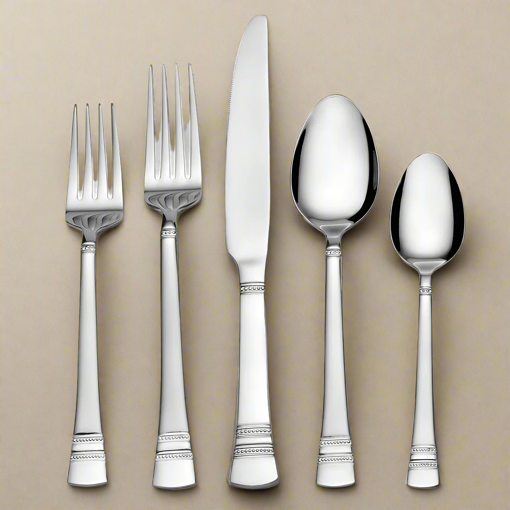 Sapphire Bay flatware set displayed on a dining table, showcasing the modern design and mirror finish.