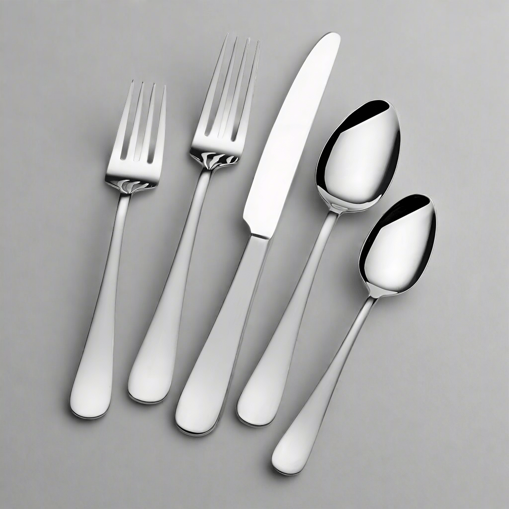 Close-up of satin finish stainless steel flatware set on a dining table