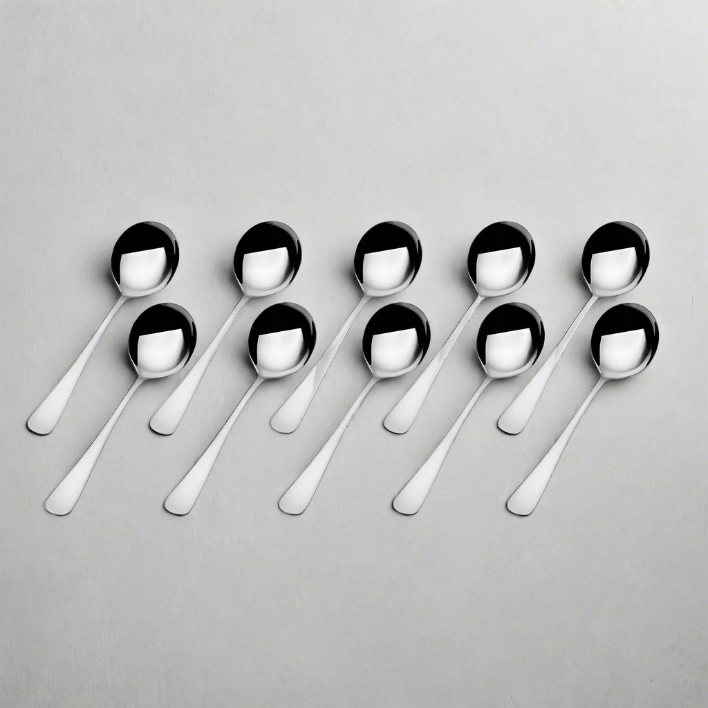 Elegant satin bouillon spoon set displayed on a dining table, showcasing its shine and design.