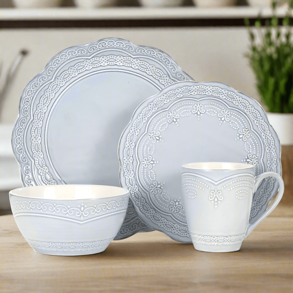 Close-up of scalloped blue dinner plate from the stoneware dinnerware set