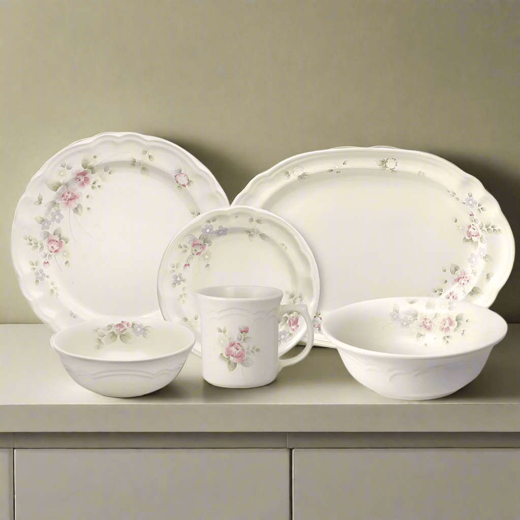 Tearose 32-piece dinnerware set for 8 displayed on a dining table with floral centerpiece.