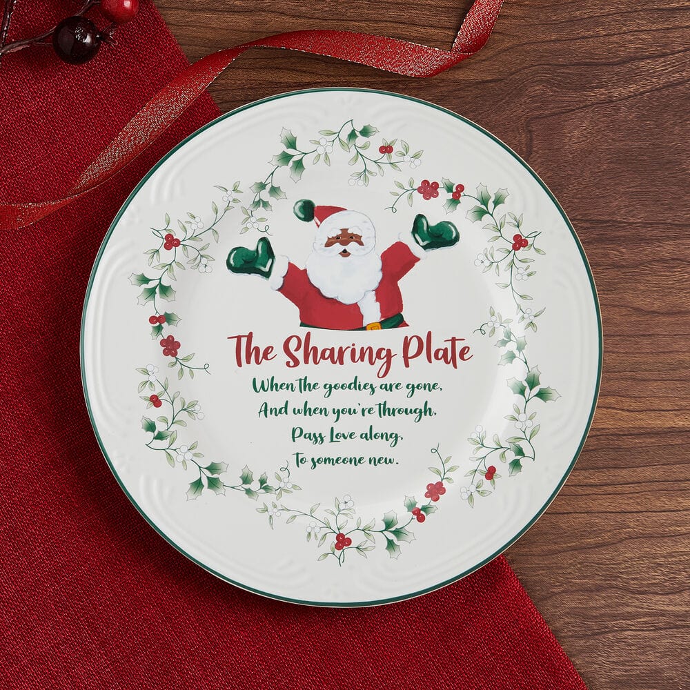 Close-up view of the Winterberry African American Santa sharing plate showcasing its intricate design.