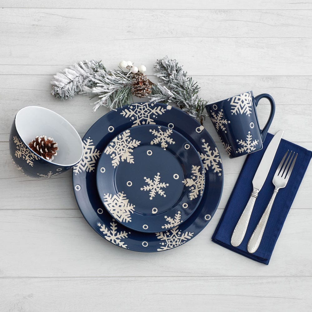 Dishwasher safe snowflake dinner plates in a cozy holiday dining setup