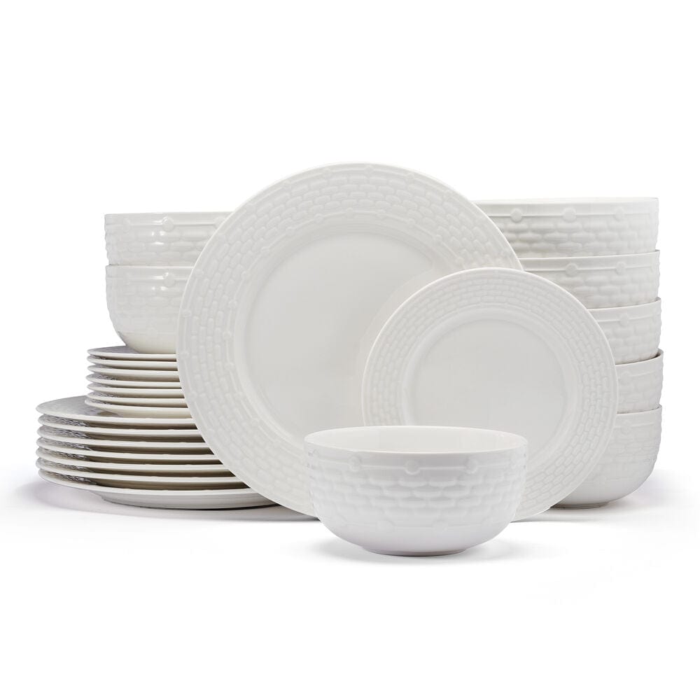Close-up of embossed basket weave texture and beaded rim on white porcelain salad plate