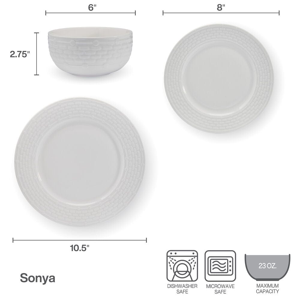 Microwave safe porcelain bowl filled with soup, showcasing everyday use of the Sonya dinnerware set