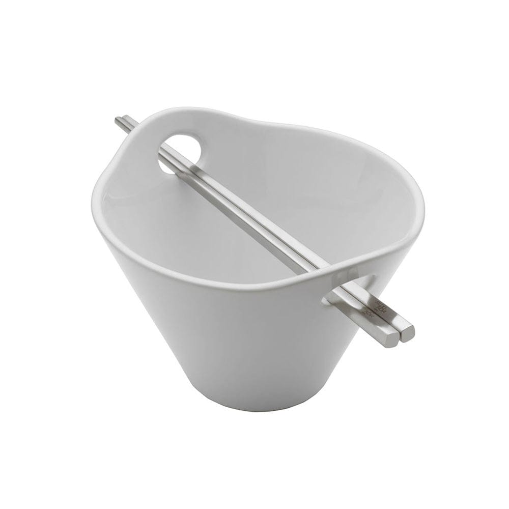Close-up of the noodle bowls deep interior and cutout handles for easy storage.