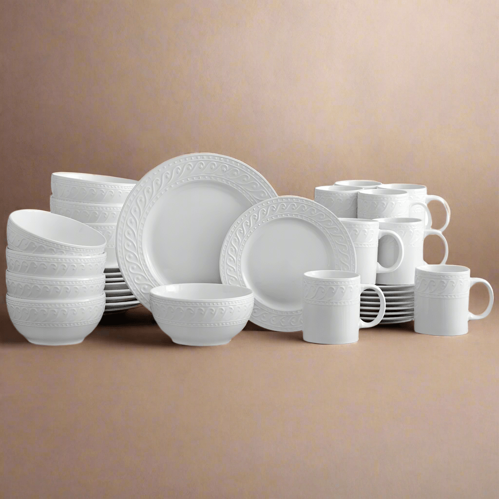 Porcelain dinnerware set with scroll and beaded design for family dining