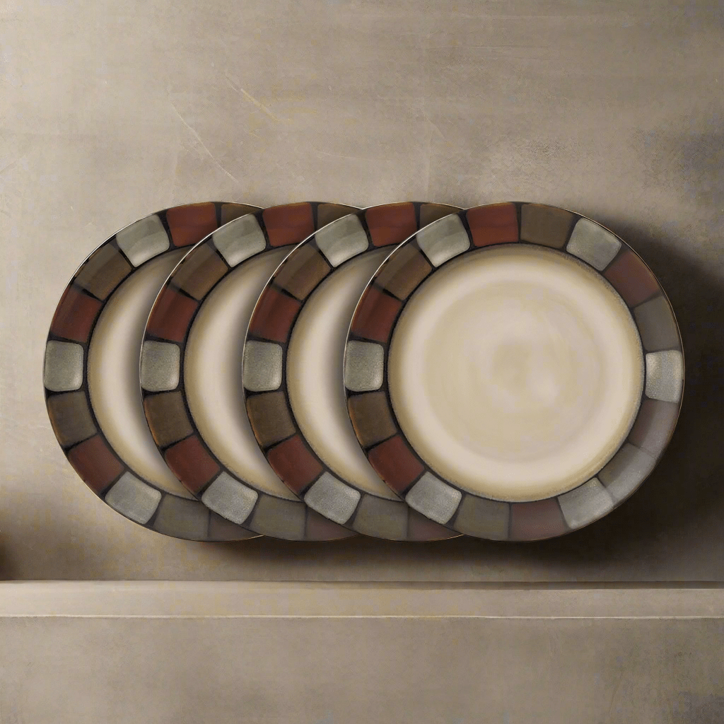 Taos stoneware plate showcasing unique reactive glaze patterns from above.