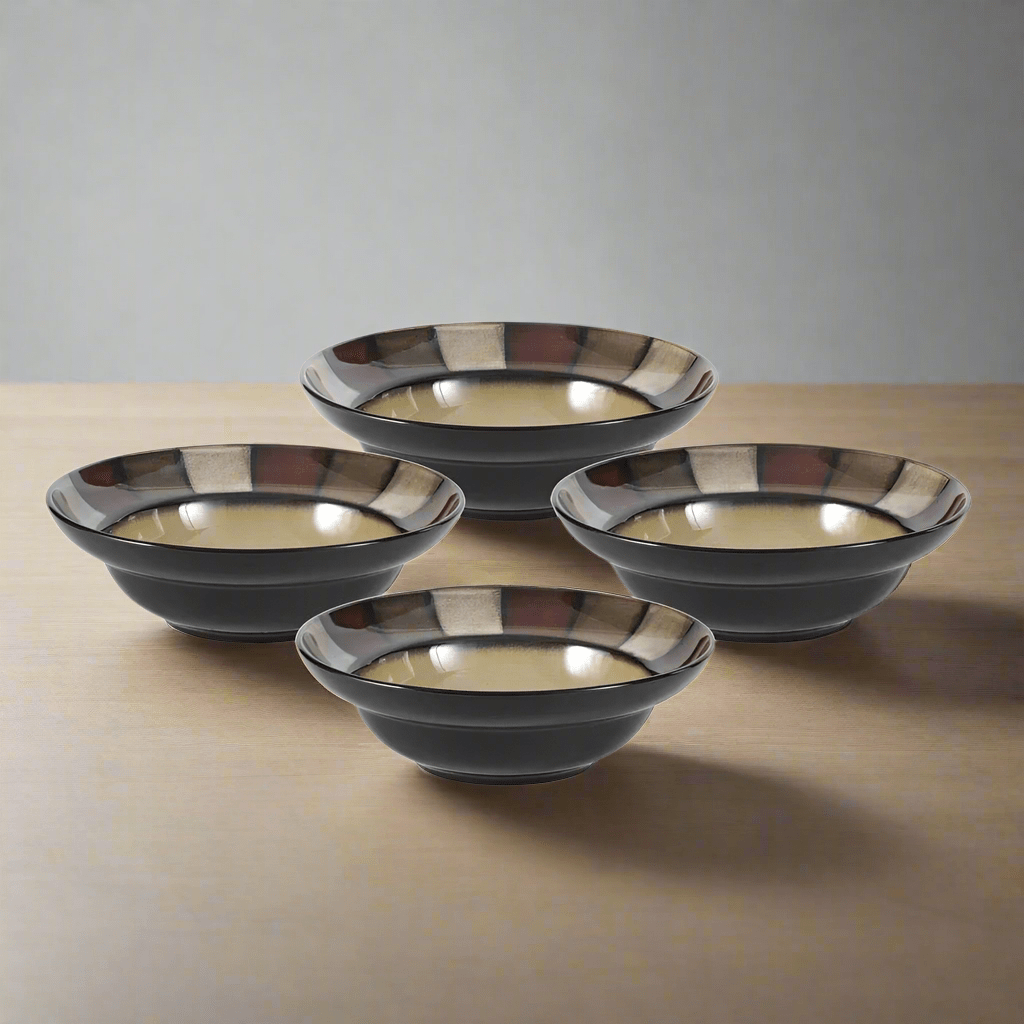 Taos 4-piece ceramic soup bowls set displayed on a dining table, showcasing unique glaze patterns.