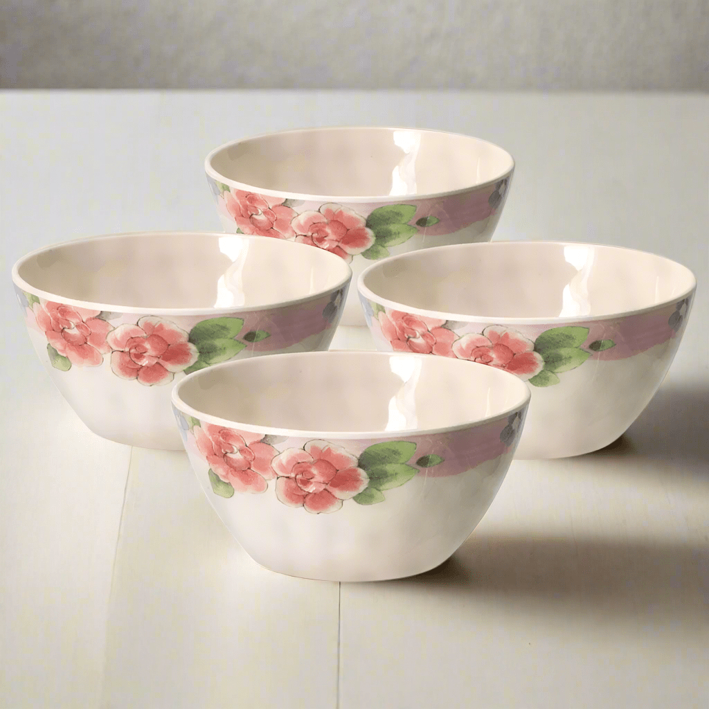 Close-up of outdoor melamine cereal bowls with floral design for outdoor dining