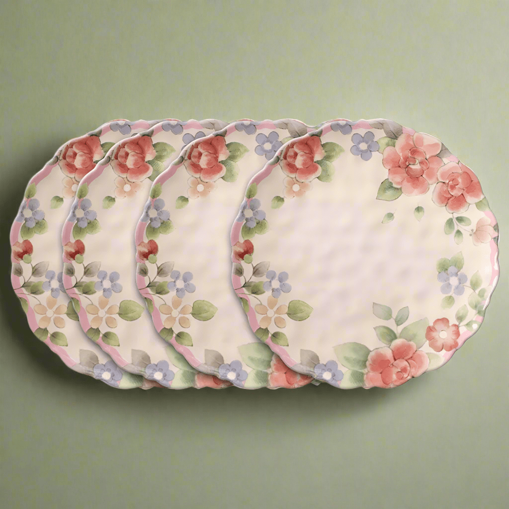 Close-up of tea rose patterned melamine dinner plate for outdoor dining