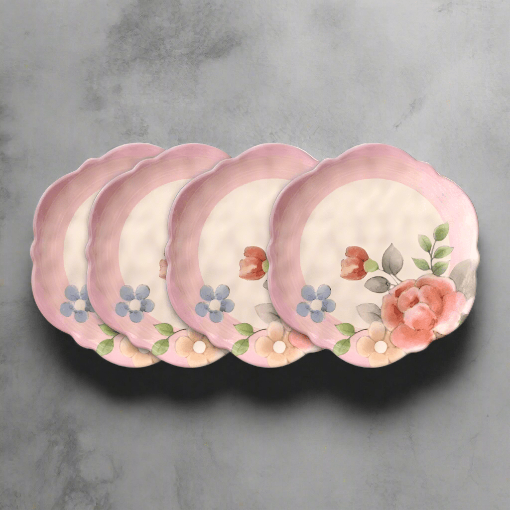 Set of 4 outdoor melamine salad plates with a floral design for kids and family dining.
