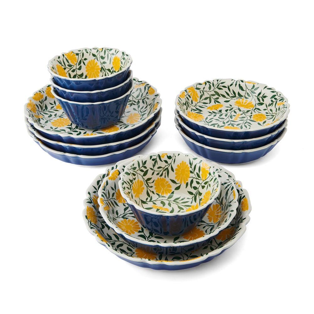 Close-up of stoneware bowls from the Vibrant Floral Dinnerware Set, highlighting the intricate floral patterns.