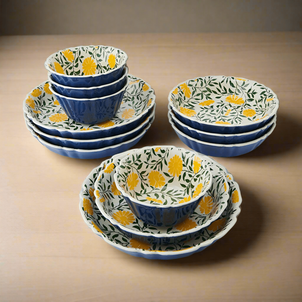 Vibrant Floral Dinnerware Set displayed on a dining table, showcasing colorful bowls and elegant design.