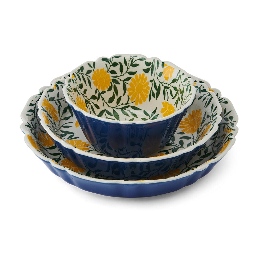 Close-up of stoneware bowls from the Vibrant Floral Dinnerware Set, highlighting the intricate floral patterns.