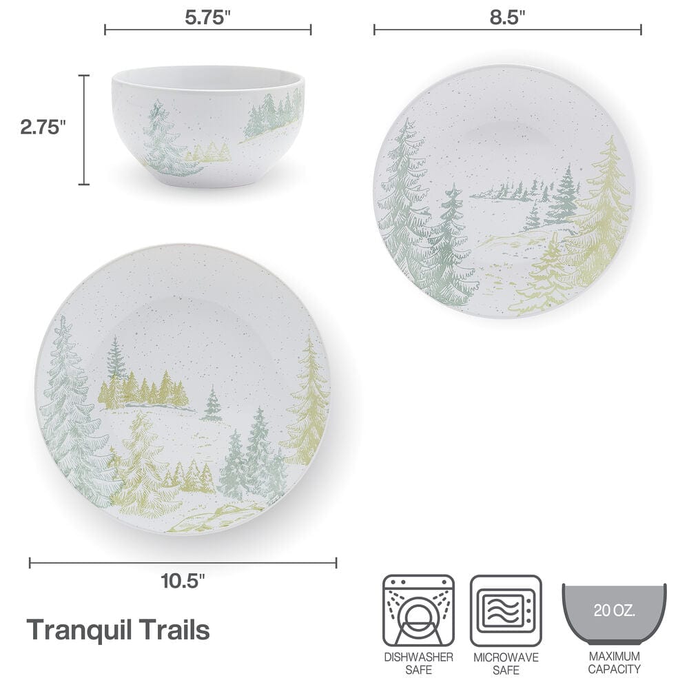 Rustic Retreat stoneware dinnerware set displayed on a wooden table, featuring earthy tones and nature-inspired designs.