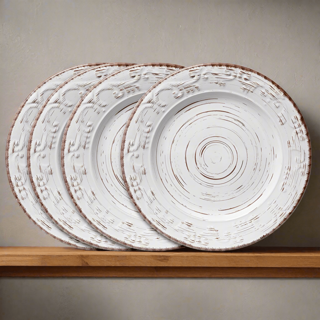 White stoneware dinner plates set arranged on a dining table for everyday use
