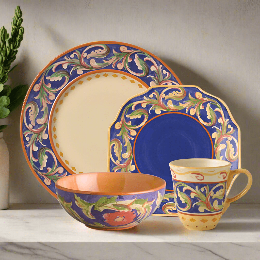 Close-up of Villa della Luna blue ceramic dinner plate with intricate design