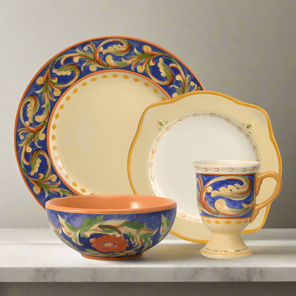 Close-up of stoneware dinnerware set with dinner plates and bowls for everyday use