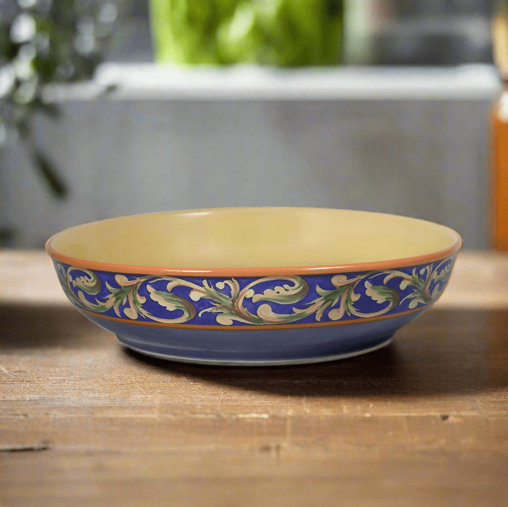 Close-up of the Villa della Luna stoneware pasta bowl showing its wide shape and textured surface