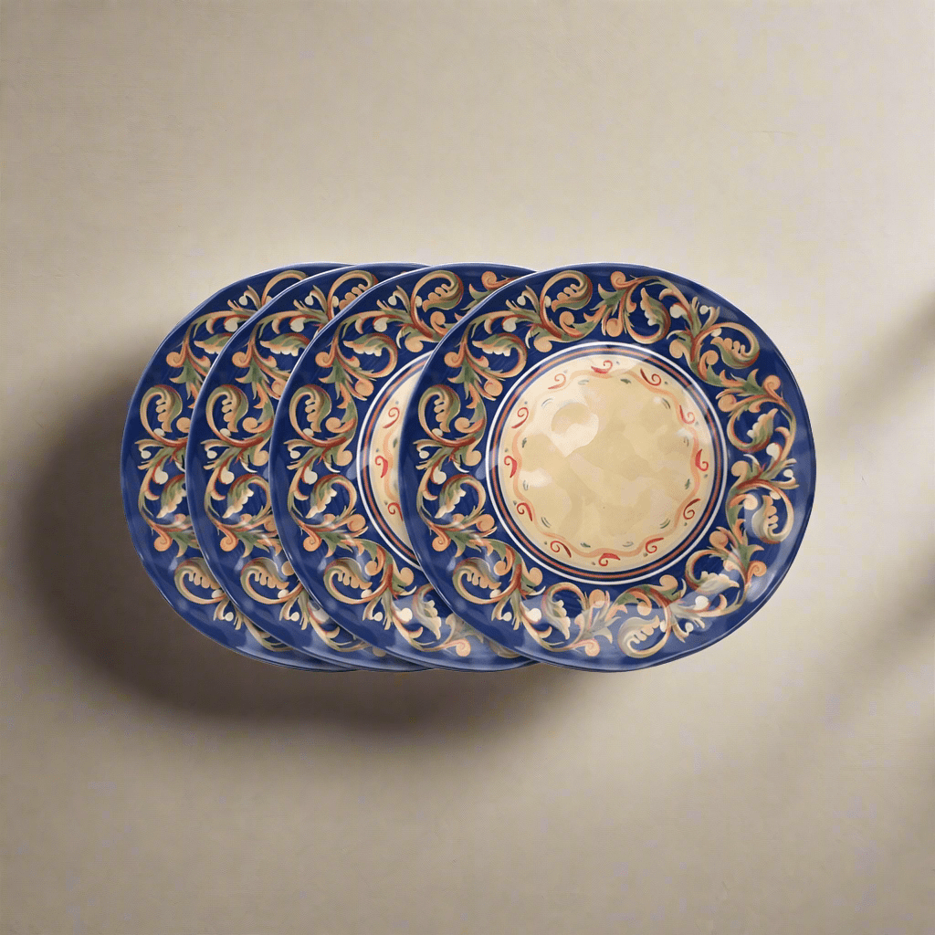 Villa della Luna set of 4 melamine salad plates showing vibrant colors for outdoor dining.