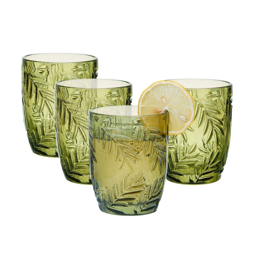 Set of four vintage drinkware glasses with green tint for cocktails