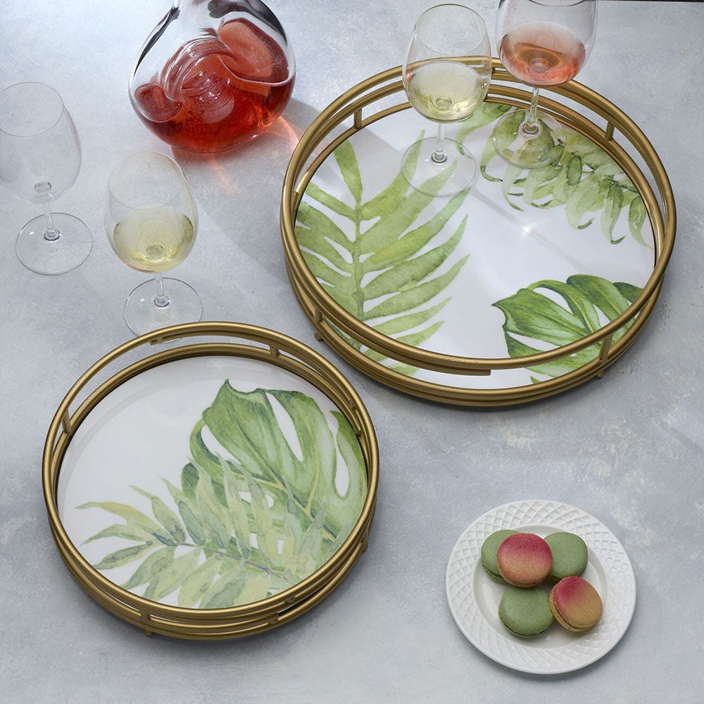 Close-up of Fitz and Floyd Villa Palm decorative tray showing vibrant tropical patterns and design.