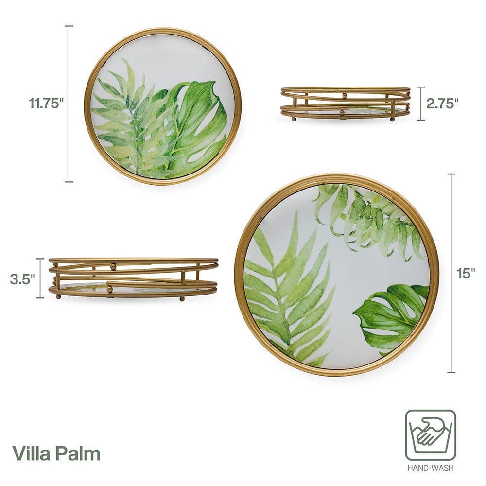 Detailed view of the Fitz and Floyd Villa Palm decorative trays highlighting their iron frame and fiberboard construction.