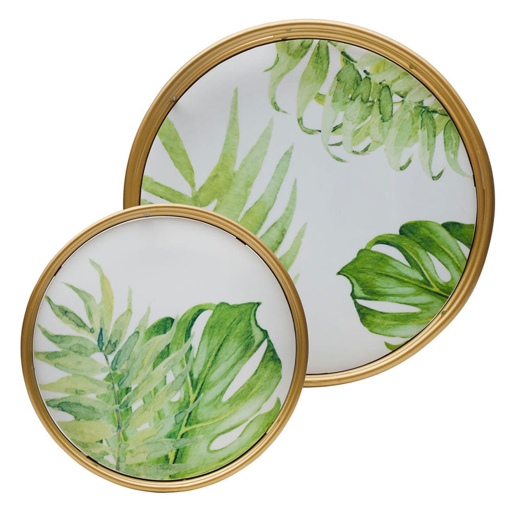 Detailed view of the Fitz and Floyd Villa Palm decorative trays highlighting their iron frame and fiberboard construction.