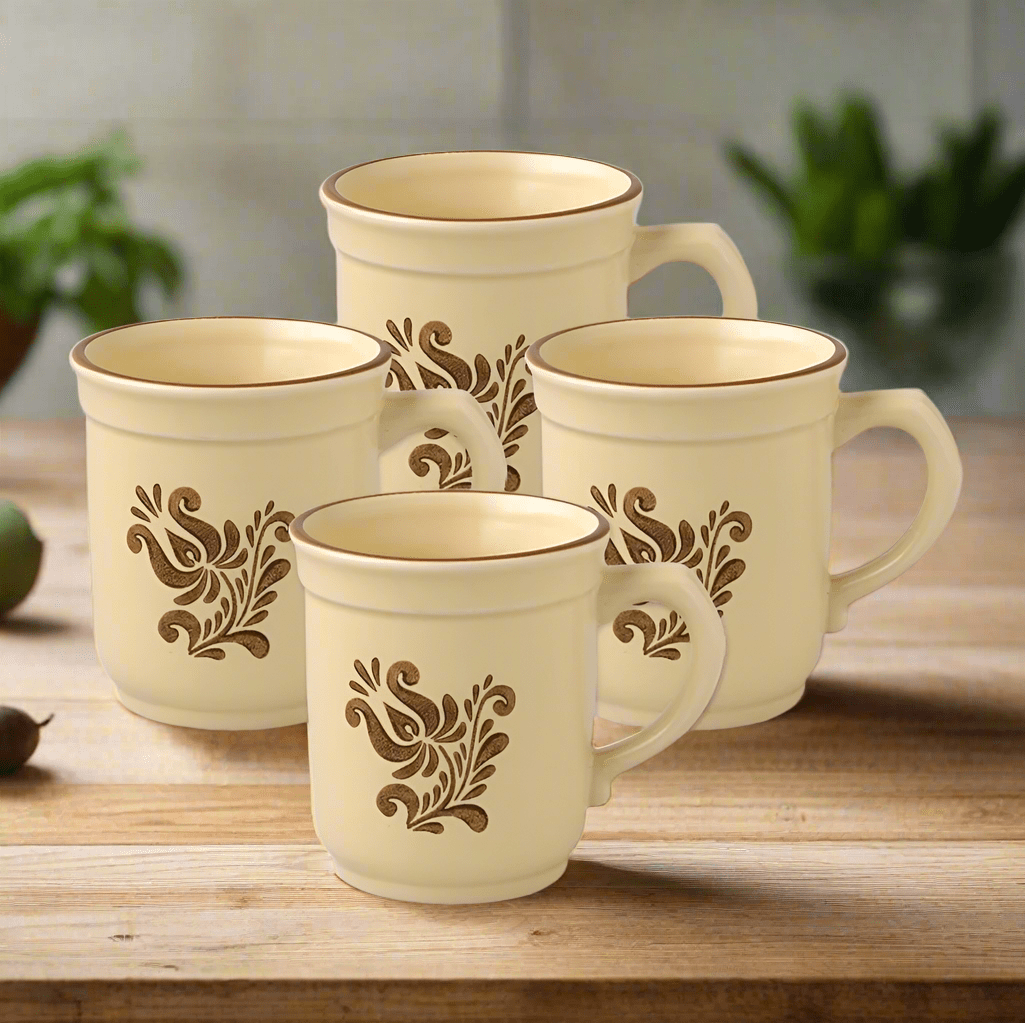 Cozy stoneware mug set displayed with hot coffee and chocolate, showcasing their microwave safe feature.