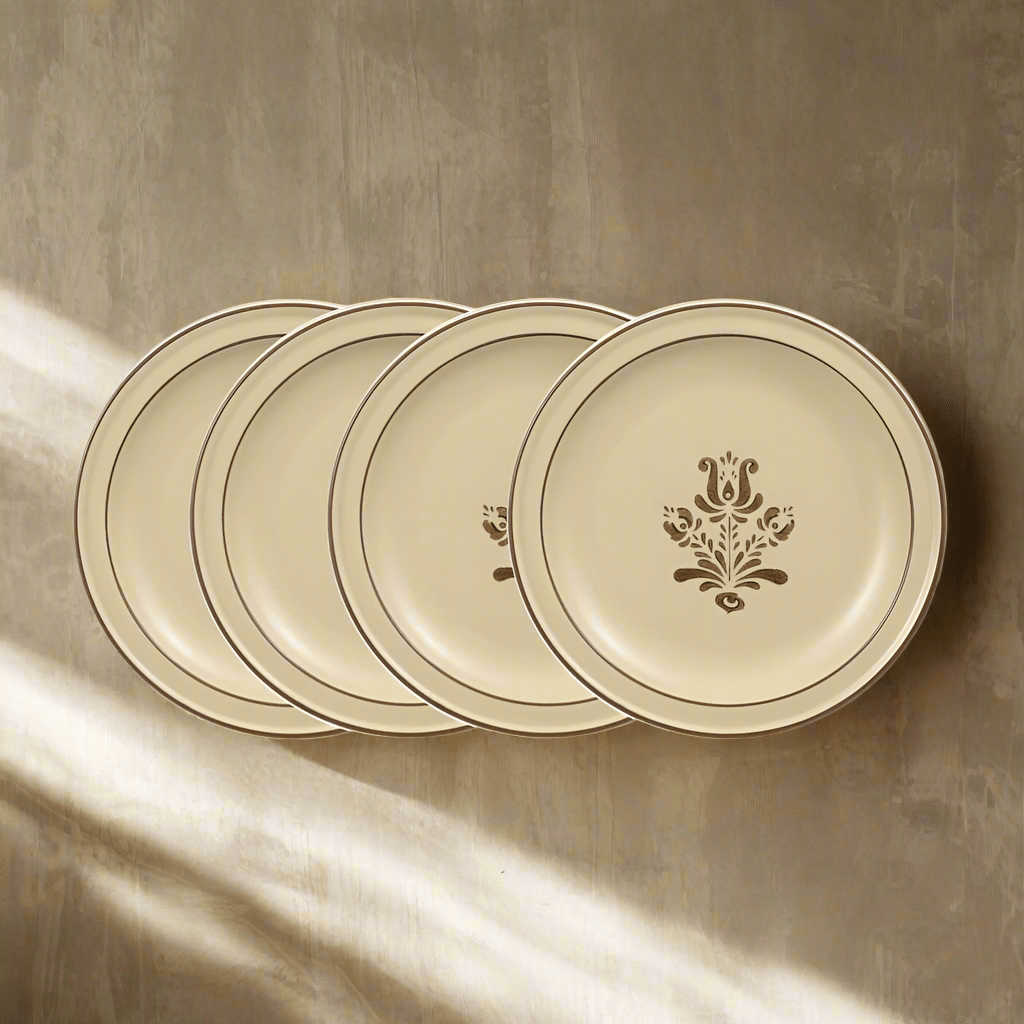 Close-up of rustic stoneware salad plate showcasing its texture and color.