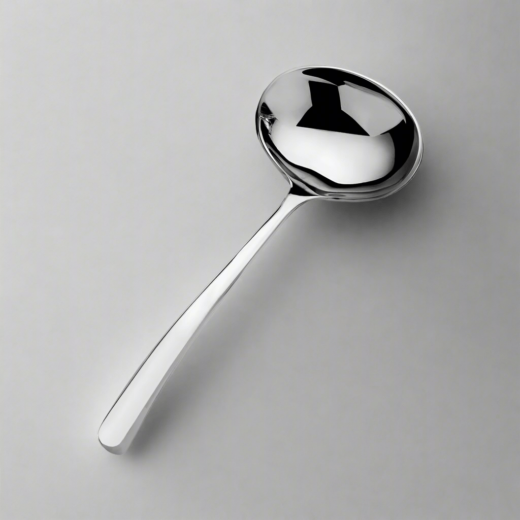 Side view of the Wave Forged Premium Gravy Ladle showcasing its contemporary rounded handle and mirror finish.