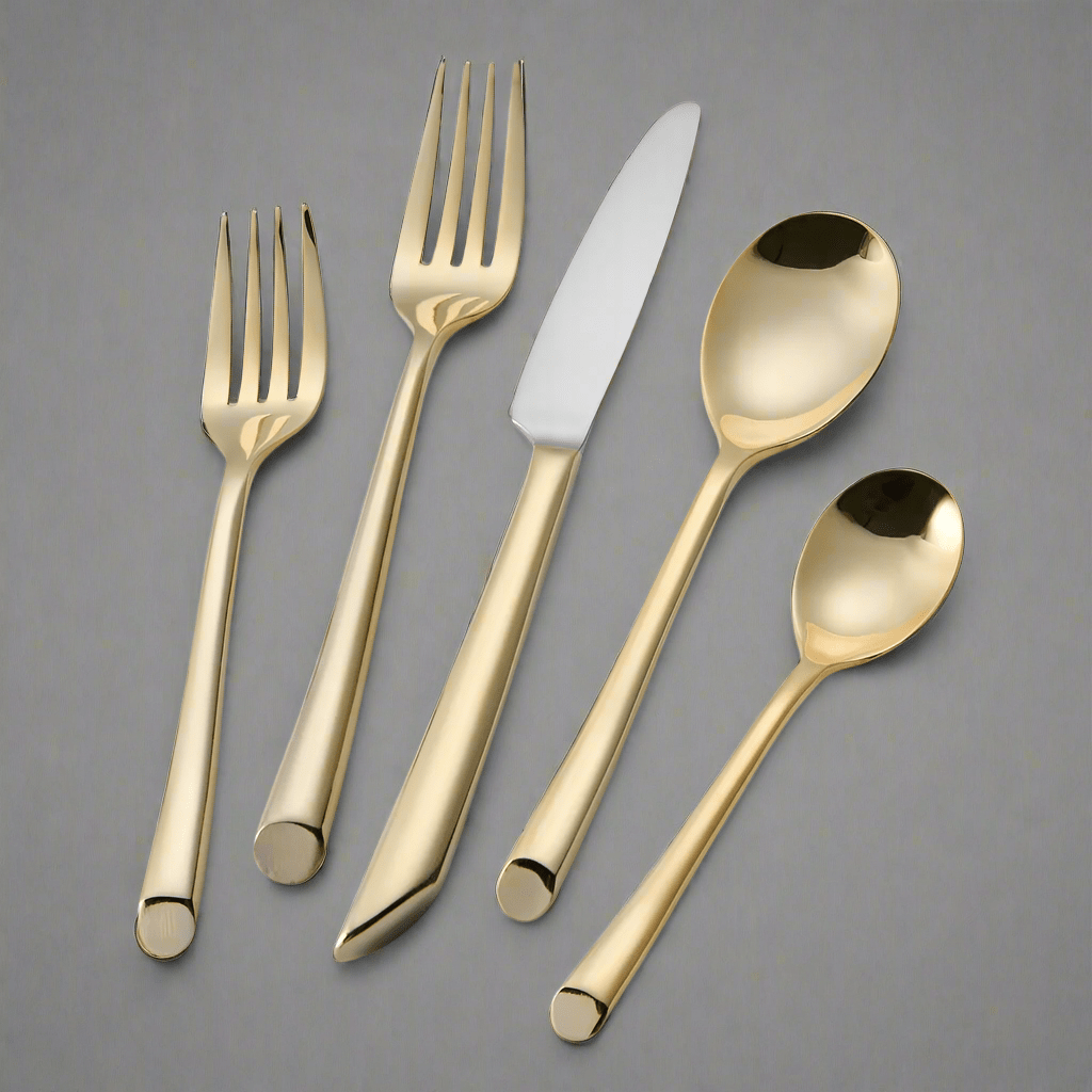 Elegant Gold Wave 20-Piece Silverware Set displayed on a dining table with plates and glasses.