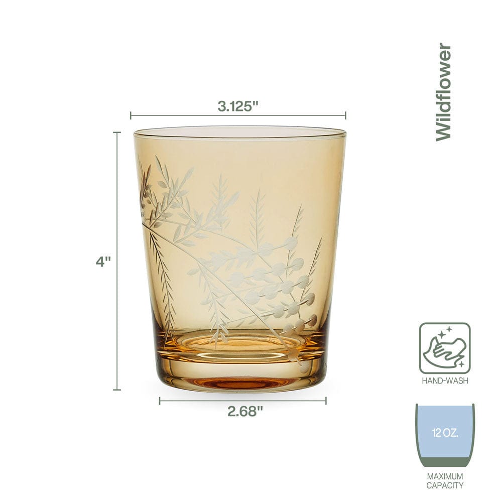 Fitz and Floyd double old fashioned glass set featuring hand-cut wildflower designs with gold accents, angled view.