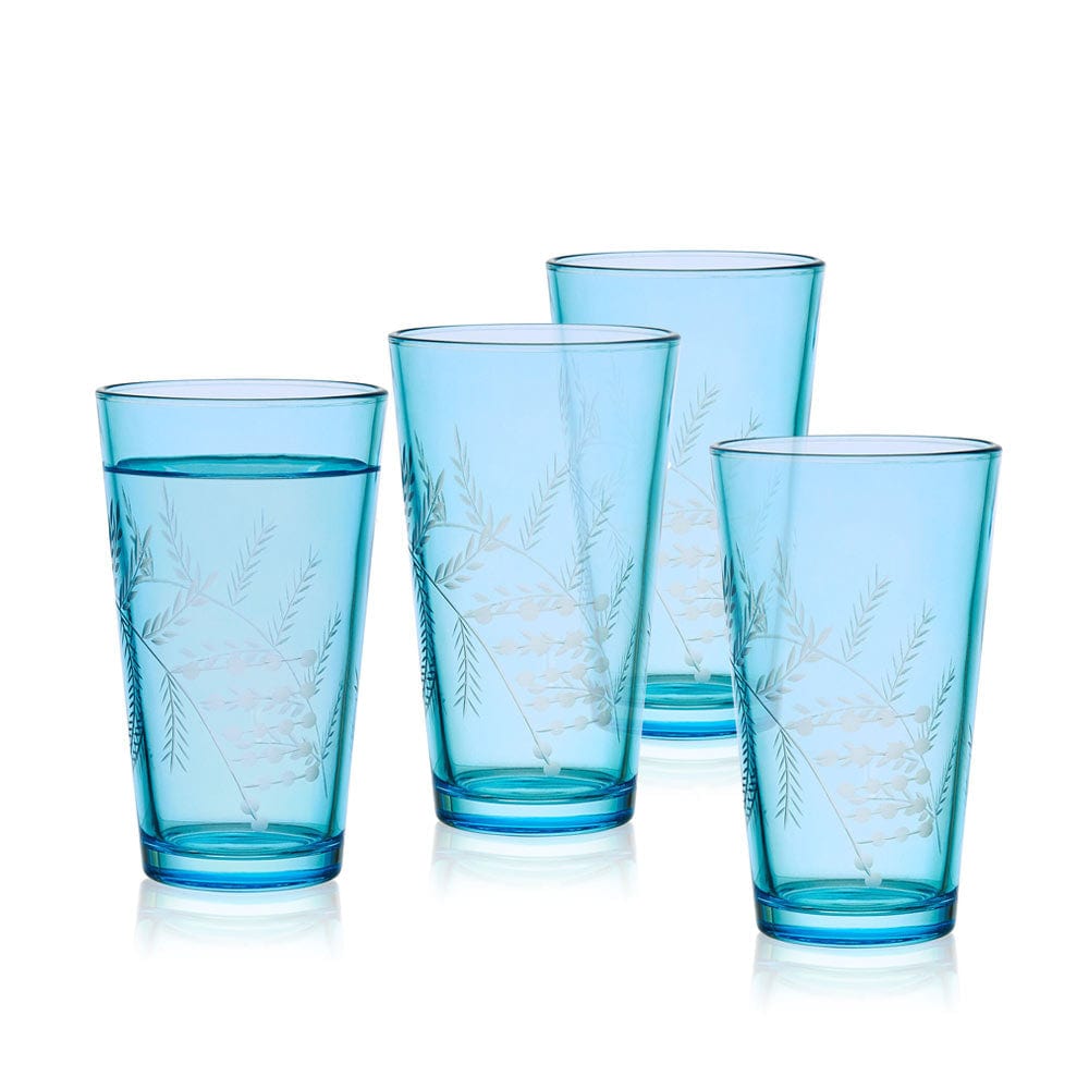 Side view of the blue highball glasses set of 4, highlighting the intricate wildflower design.