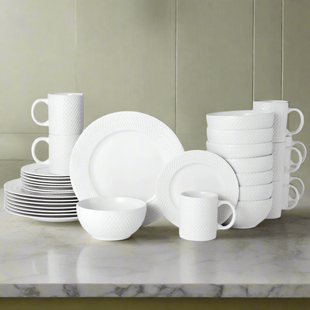 Winston 32-piece porcelain dinnerware set displayed on a dining table, perfect for family meals.
