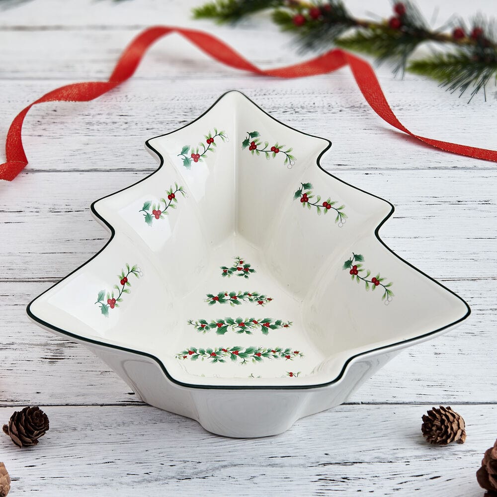 Close-up of the Winterberry Tree stoneware serve bowl with berry motif, ideal for Christmas dinnerware