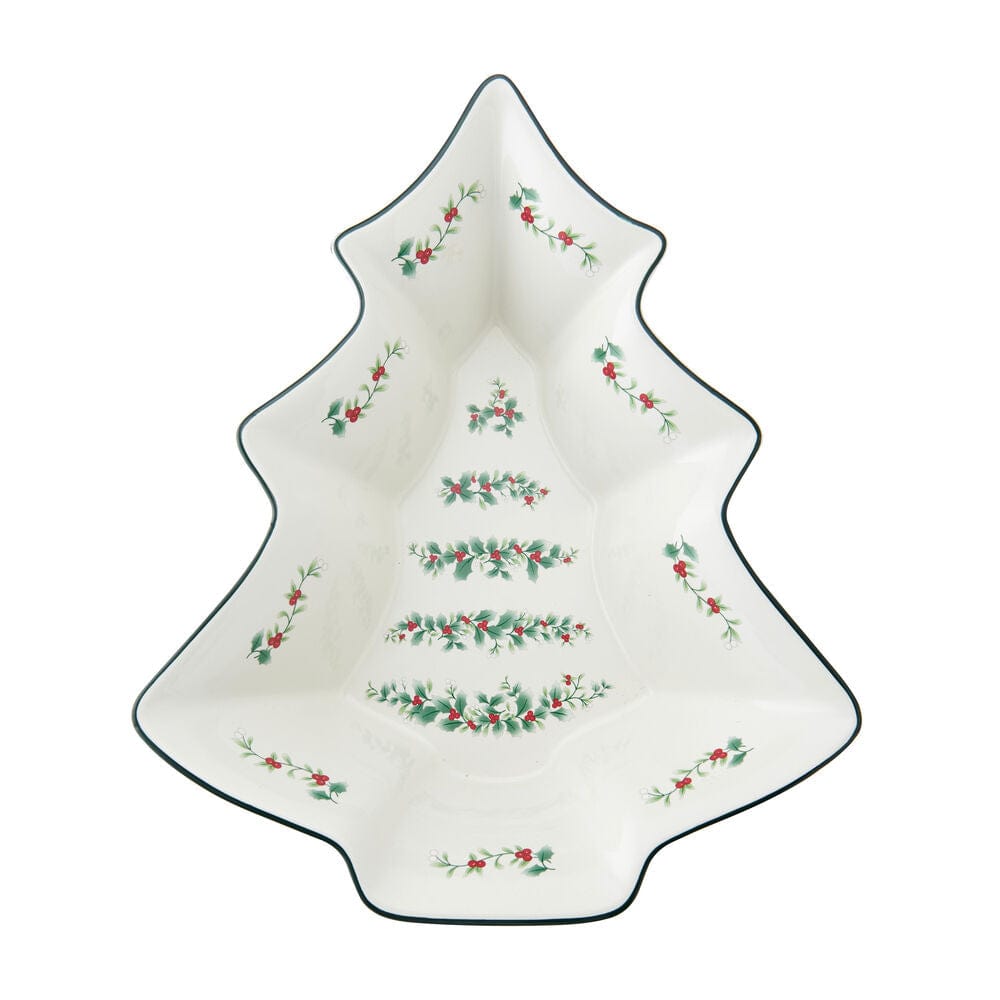Elegant stoneware bowl with winterberry design, microwave safe Christmas serving bowl on holiday table