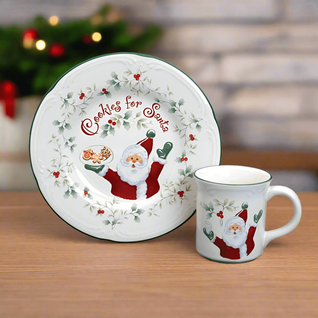 Close-up of Winterberry Santa mug and plate with cookies and milk for Santa