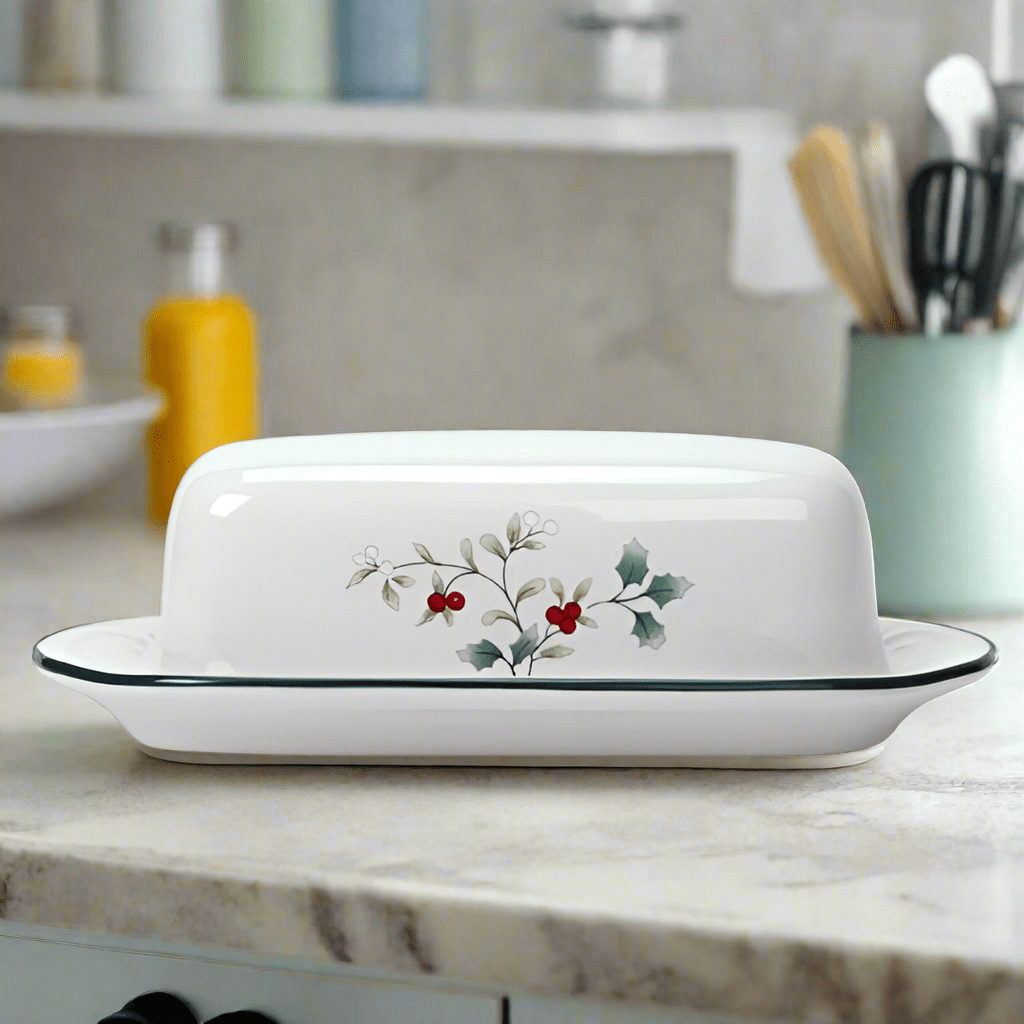 Close-up of elegant covered butter dish showing its lid and base