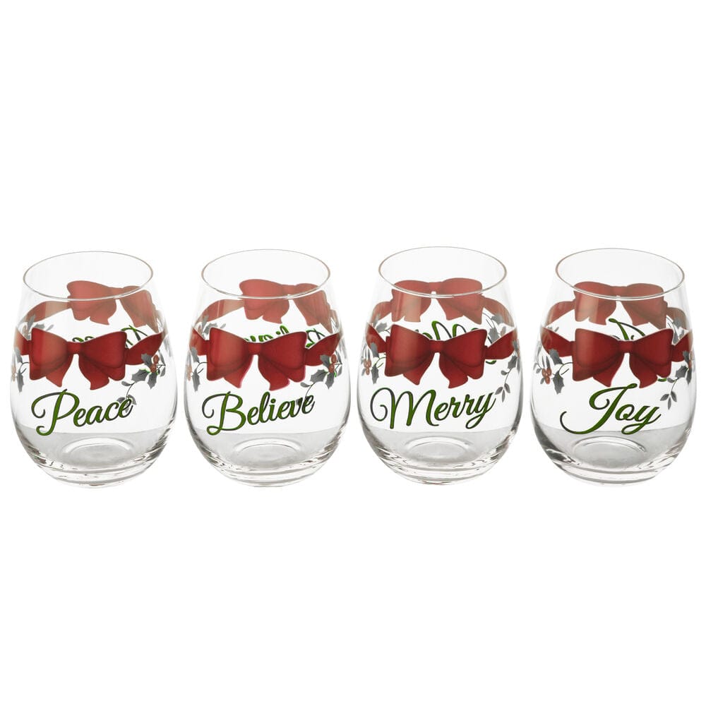 Winterberry stemless wine glass in use at a holiday gathering, filled with red wine.