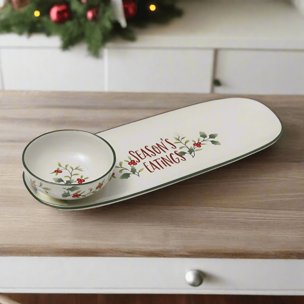 Close-up of the Winterberry serve tray with dip bowl showing holly berry pattern