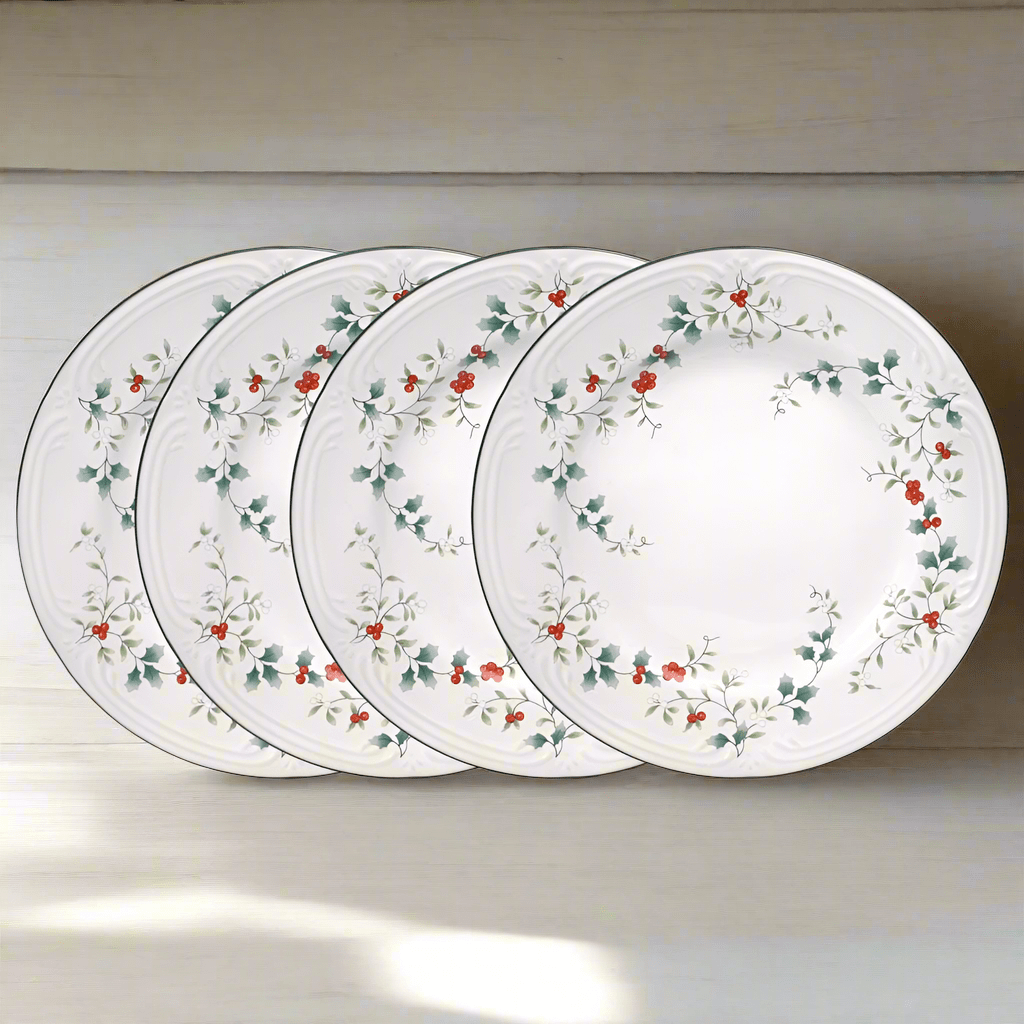 Winterberry dinner plate from an overhead angle, showcasing its floral design and 10-1/2 inch size.
