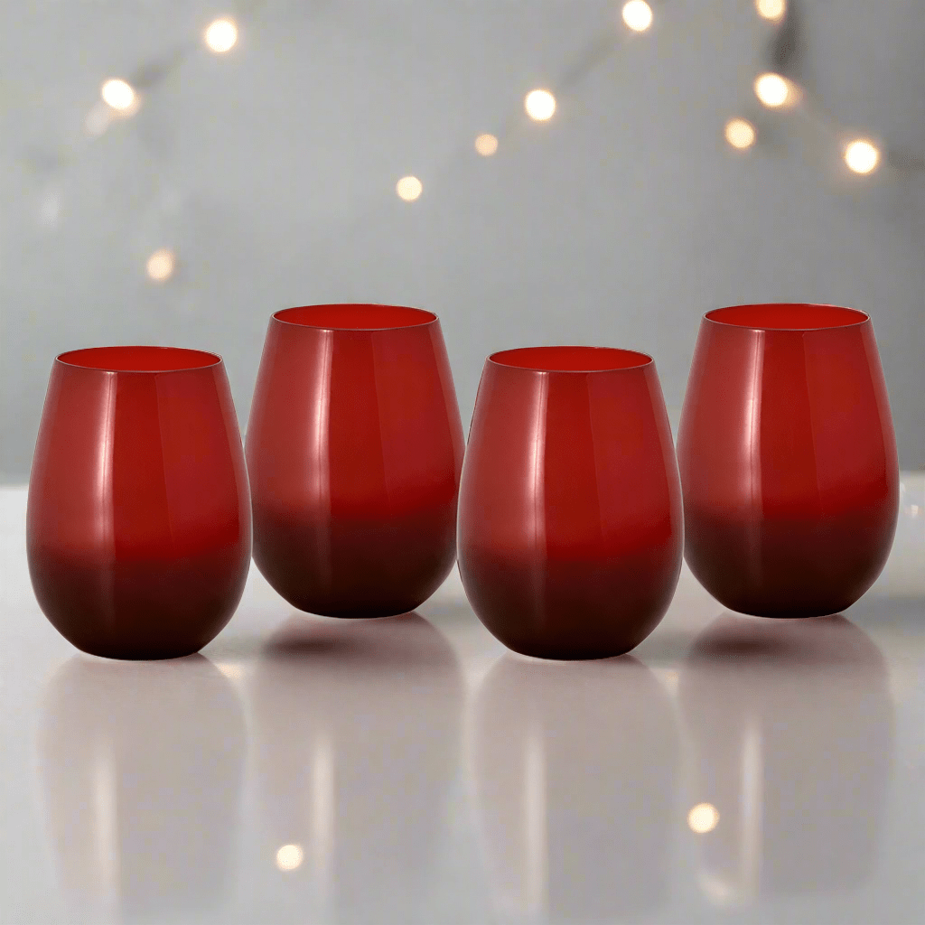 Sophisticated stemless wine glasses showcasing a rich red wine, perfect for any occasion.