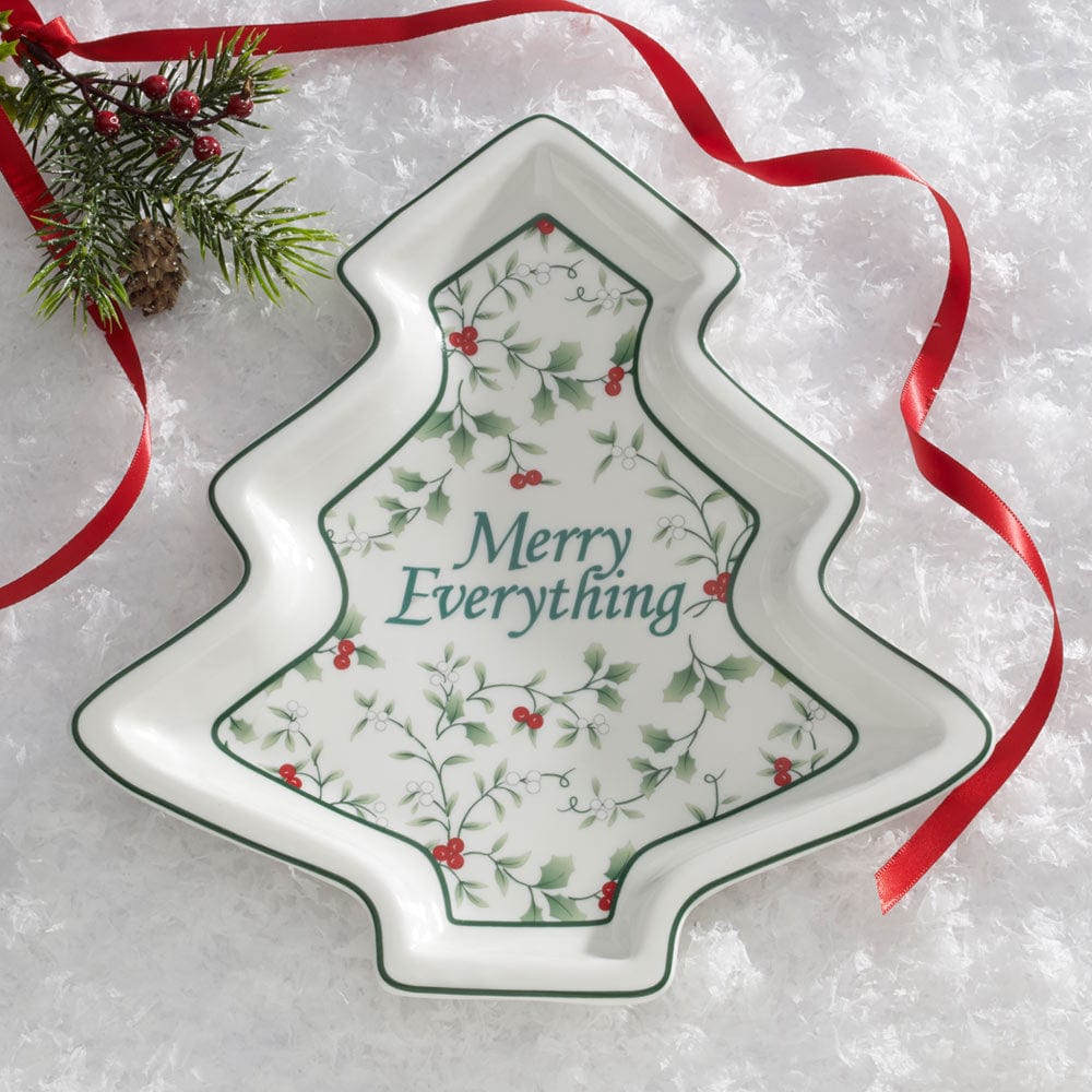 Merry Everything Holiday Tree Serving Dish showcasing its festive design from the side