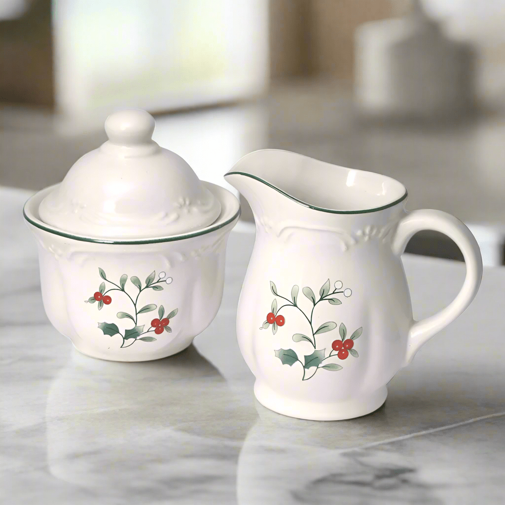 Elegant stoneware sugar bowl with lid for serving sugar.