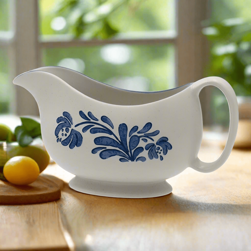 Close-up of stoneware gravy boat showing its elegant design and size