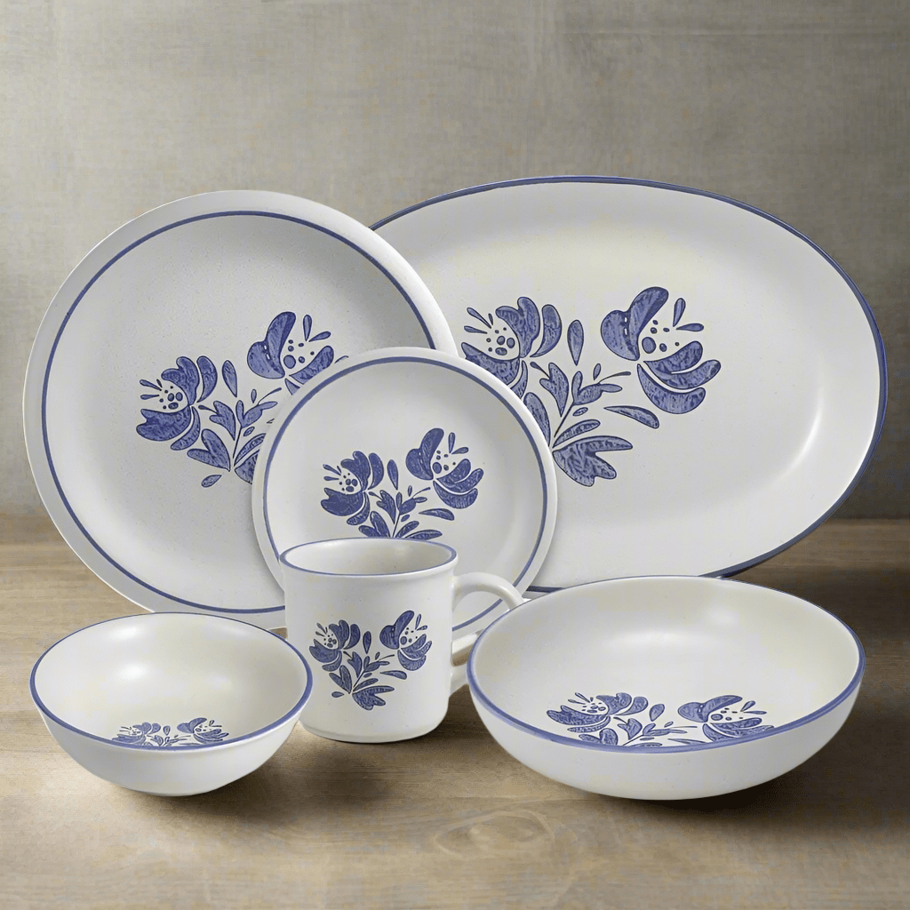 Stoneware dinnerware set for 8 with plates and bowls arranged on a dining table