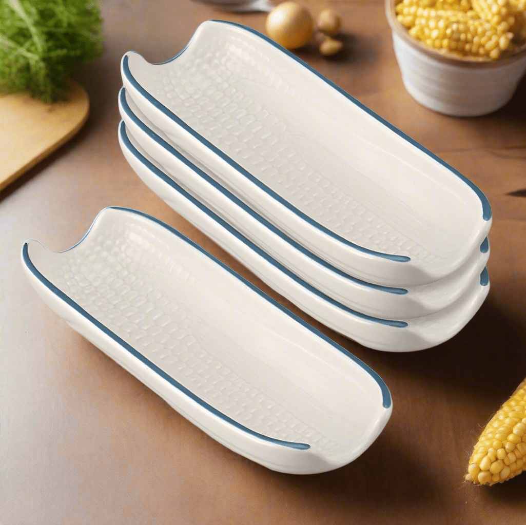 Charming stoneware corn dish set on a dining table, ideal for serving corn.